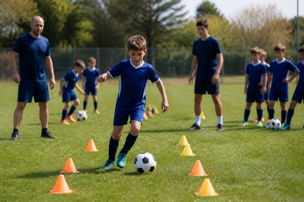 Young athletes in youth soccer uniforms practicing ball control drills on an outdoor grass field, with cones marking movement patterns and instructors supervising technique