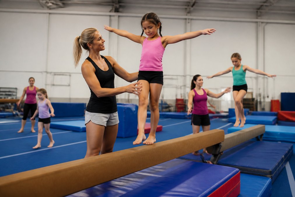 Children performing gymnastics skills on mats in an indoor gym facility, with instructors supervising balance and coordination exercises and spotting techniques