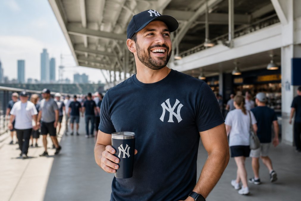 A sports fan wearing a comfortable, breathable team-branded t-shirt and holding a team-branded tumbler, standing in a stadium concourse with a relaxed, happy expression, natural daylight lighting