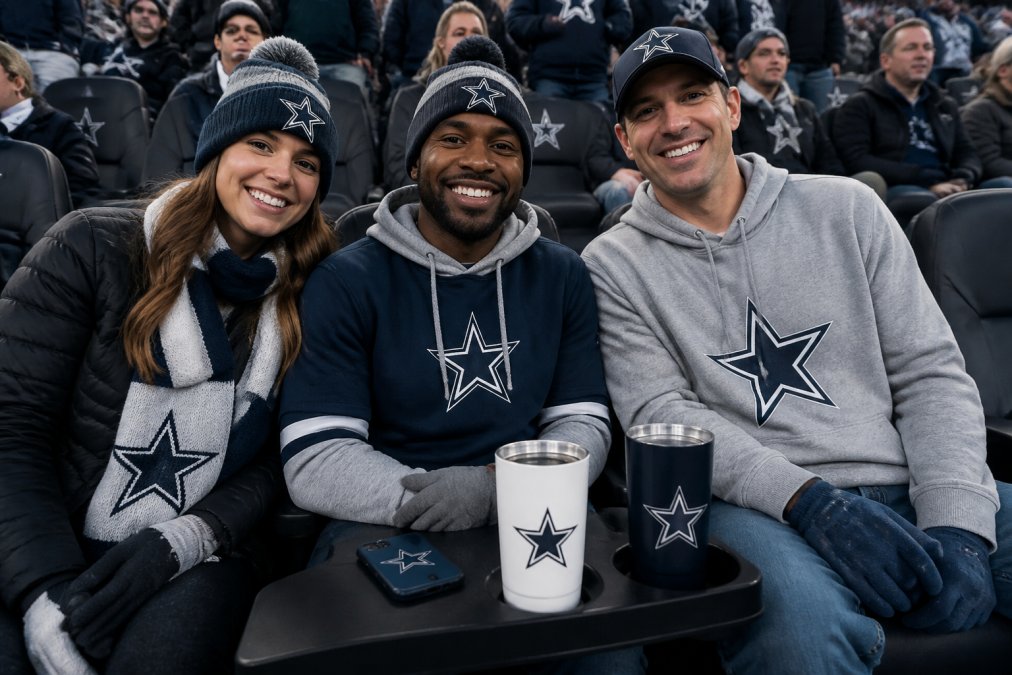 A group of friends dressed in layered, casual team-branded fan apparel sitting in stadium seats on a cool afternoon, with team-branded drinkware cups and phone cases visible on the seat tray, showing relaxed and enthusiastic expressions under stadium lighting
