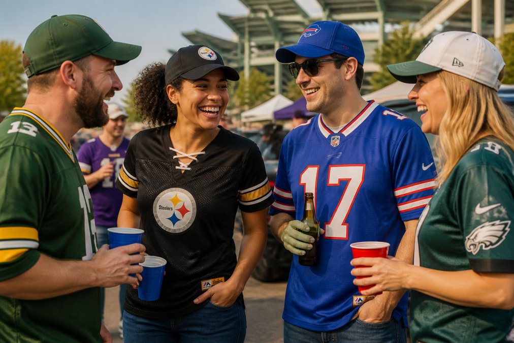 A group of NFL fans in officially licensed jerseys and fitted caps tailgating outside a stadium, laughing and holding drinks, showing a mix of men's and women's team apparel in bold team colors under afternoon sunlight