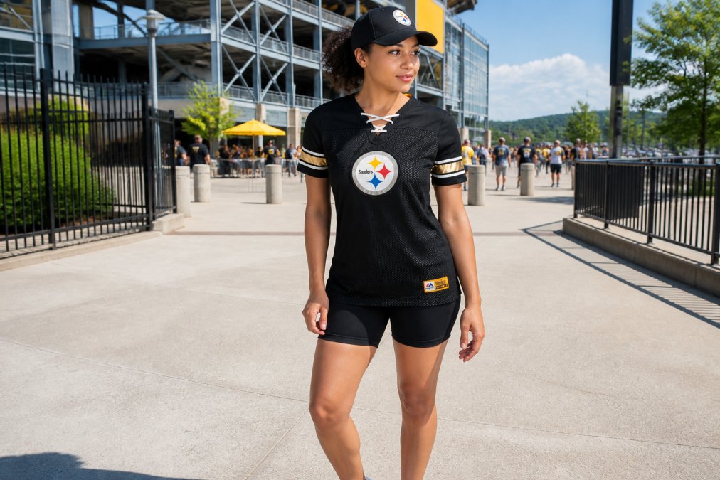 A woman wearing a black NFL lace-up jersey over dark biker shorts with a curved-brim team cap, standing outdoors on a sunny afternoon near a stadium entrance, styled casually with white sneakers
