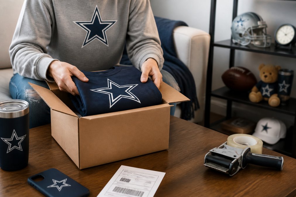A customer at home packing a folded team t-shirt into a shipping box with a printed return label on a nearby table, laptop open showing a return portal in the background, warm indoor lighting