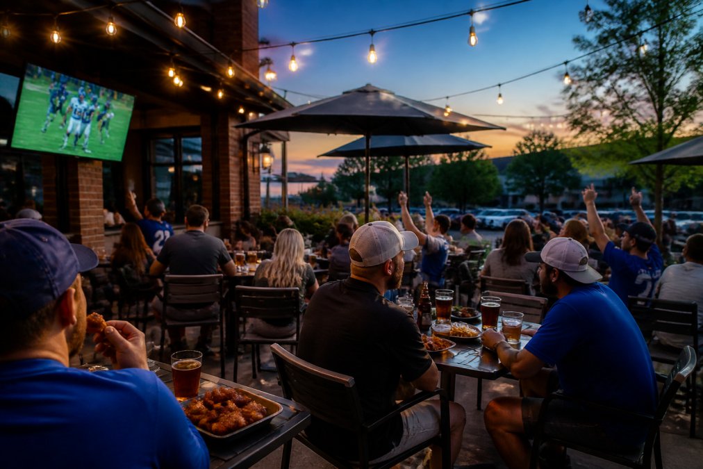 A lively outdoor sports bar patio filled with fans watching a game on large screens, craft beers and wings on tables under string lights at dusk