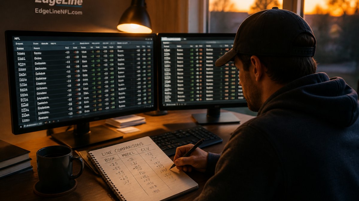 A sports bettor uses sports betting software to compare NFL odds and track closing line value at a desk.