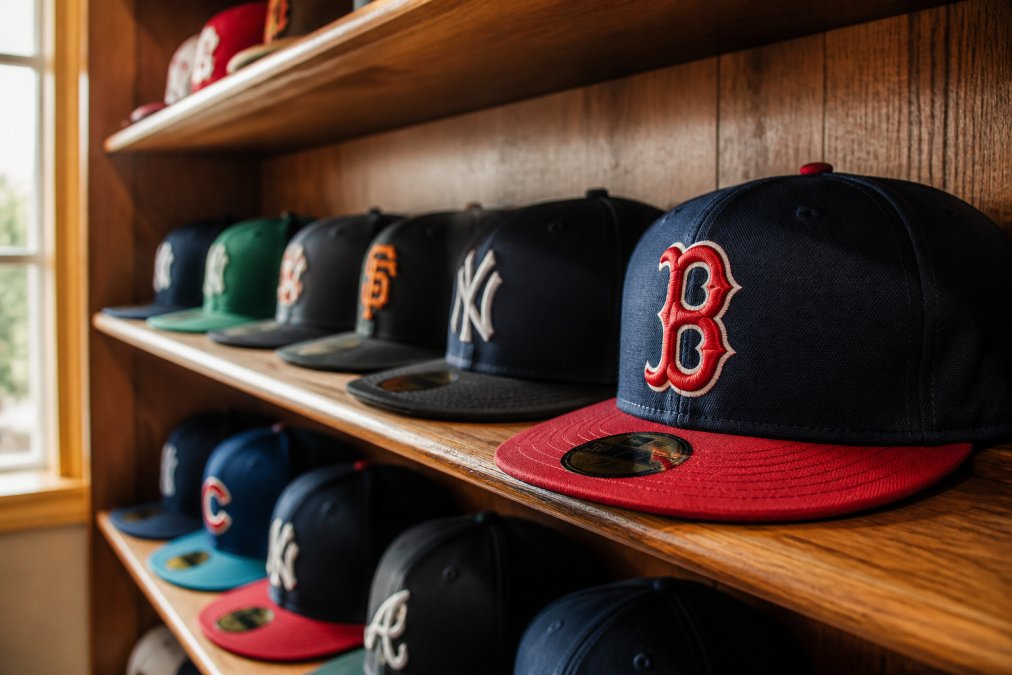 A collection of sports cap brands displayed on a shelf with a featured navy and red New Era 59FIFTY cap.
