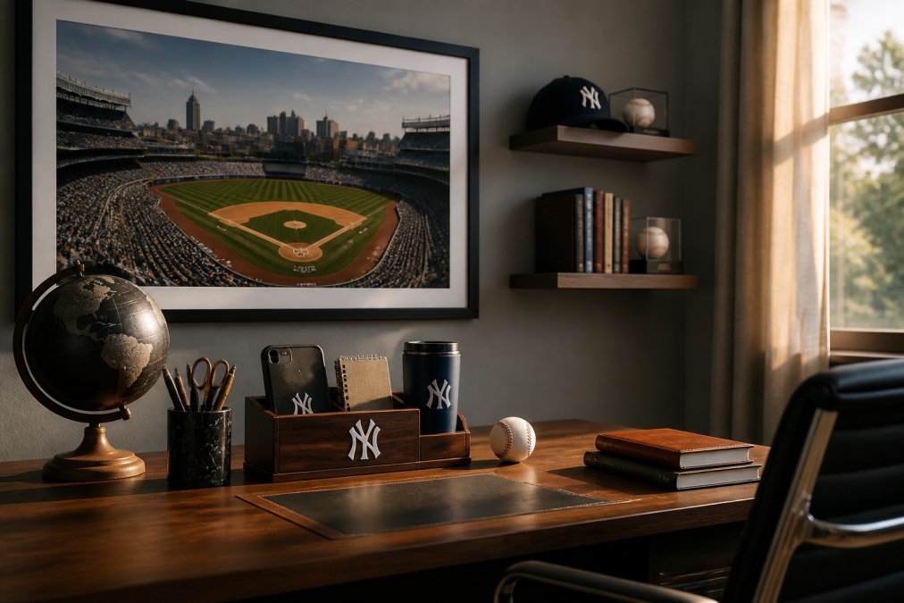A sophisticated home office with a large framed sports print on the wall, a team-themed desk organizer on a walnut desk, and a subtle LED scoreboard on a floating shelf, warm afternoon light through a window