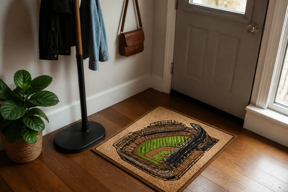 A cozy small apartment entryway with a vintage-style sports-themed coir doormat on a hardwood floor, a simple wooden coat rack beside it, and soft warm natural light streaming through a nearby window, conveying a clean and intentional decorating style
