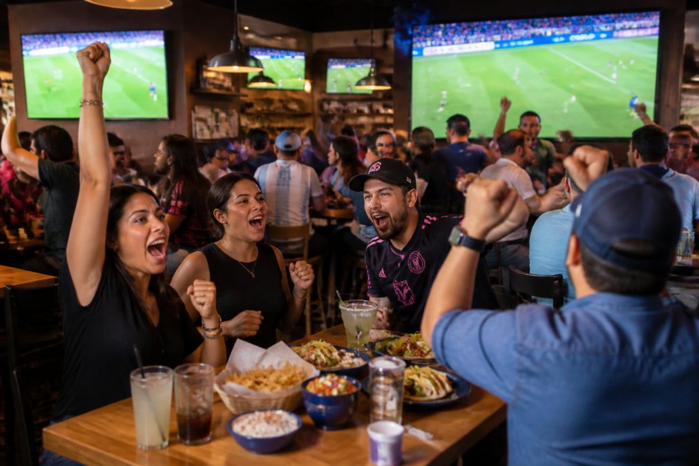 A lively sports bar interior with multiple large screens showing a soccer match, filled with diverse groups of people cheering and enjoying food and drinks at tables