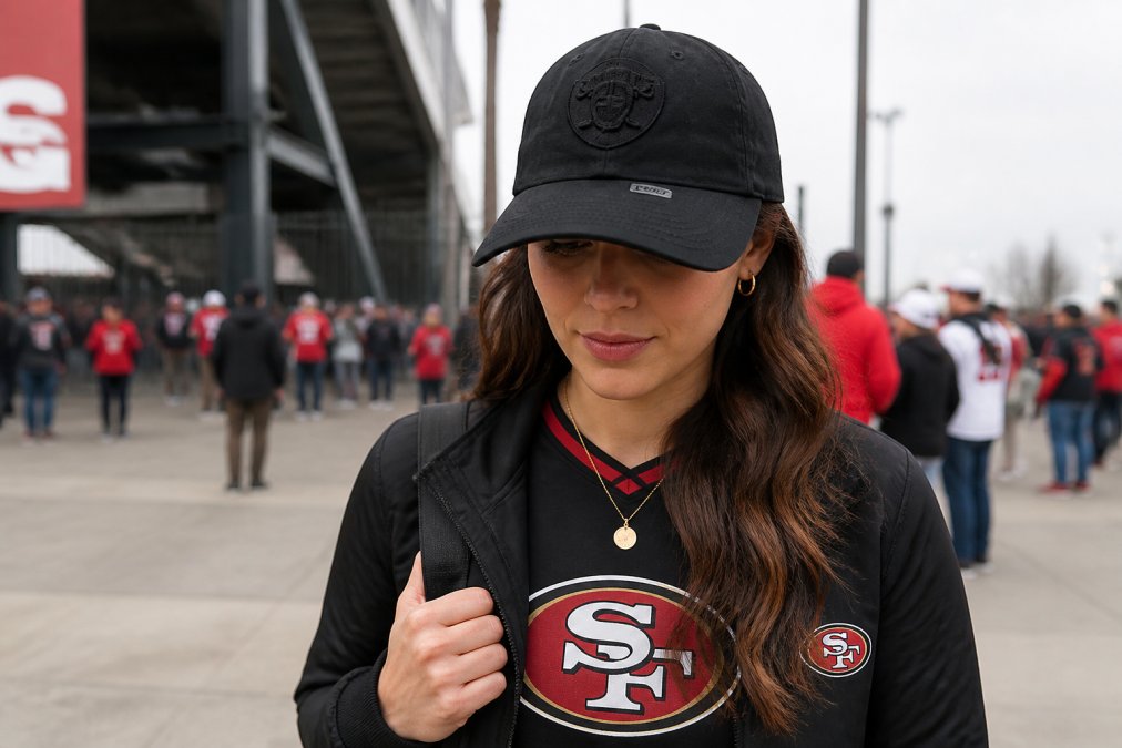 Sports fan wearing structured baseball cap with curved brim, dressed in casual team-colored outfit at stadium entrance, showing how hat coordinates with streetwear styling and team colors