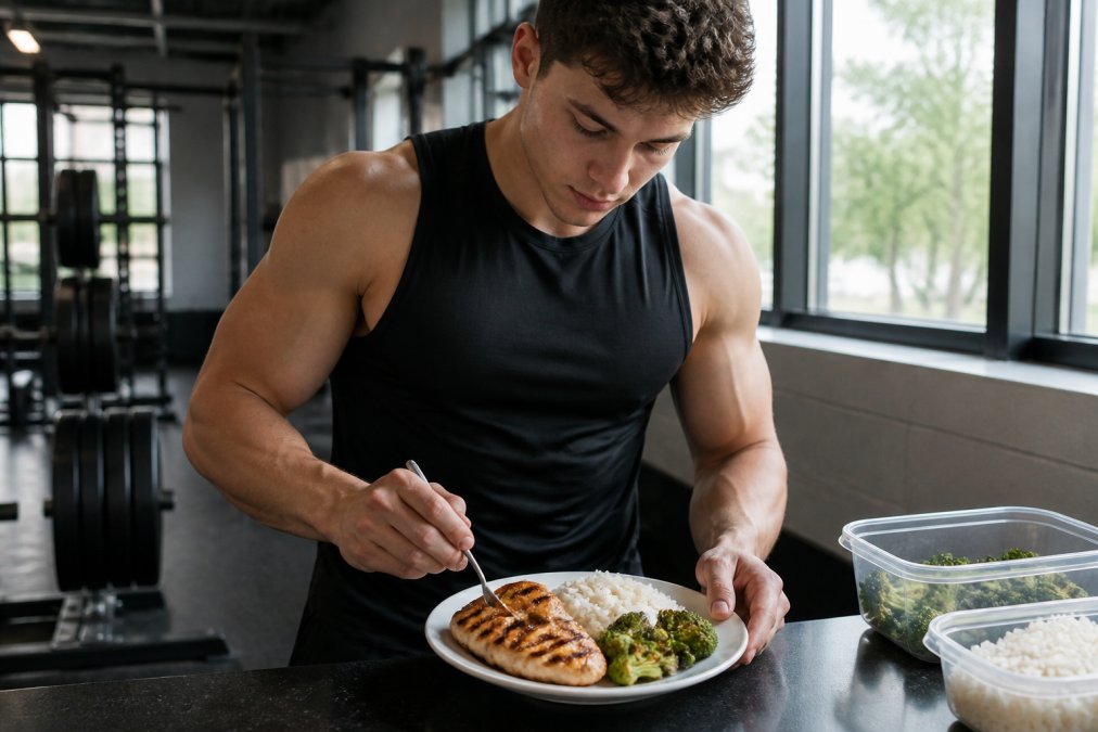 College athlete in gym preparing a balanced meal with grilled chicken breast, white rice, and roasted broccoli on a plate, natural window lighting