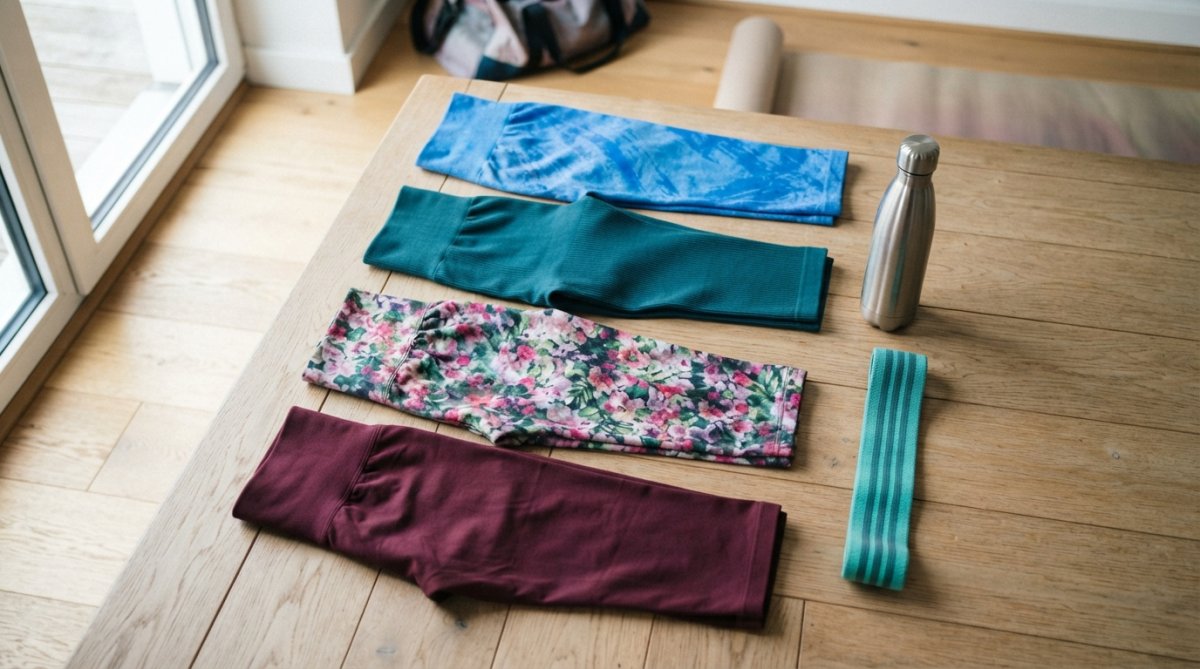 Flat lay of several pairs of colorful seamless leggings in vibrant patterns arranged neatly on a light wooden surface alongside a stainless steel water bottle and a resistance band, photographed in bright natural daylight