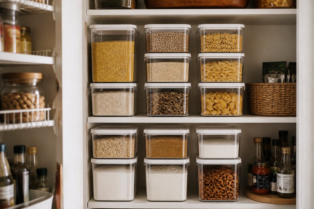 Organized pantry shelves with clear stackable bins labeled and arranged vertically, showing dry goods and food items visible through transparent containers in a compact kitchen space with warm lighting