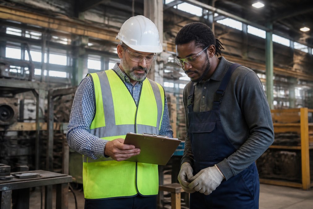 Plant manager reviewing a clipboard with a temp worker, one of the best staffing agencies for manufacturing.