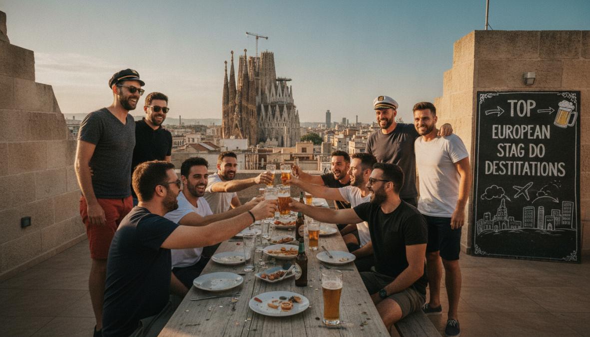 Vibrant group of men celebrating outdoors in a European city square with iconic architecture, street-level bars and clubs visible in the background, evening atmosphere with warm lighting