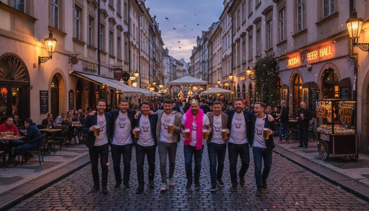 Groups of young men celebrating at a vibrant rooftop bar overlooking a European city skyline at night, neon lights reflecting off cocktail glasses