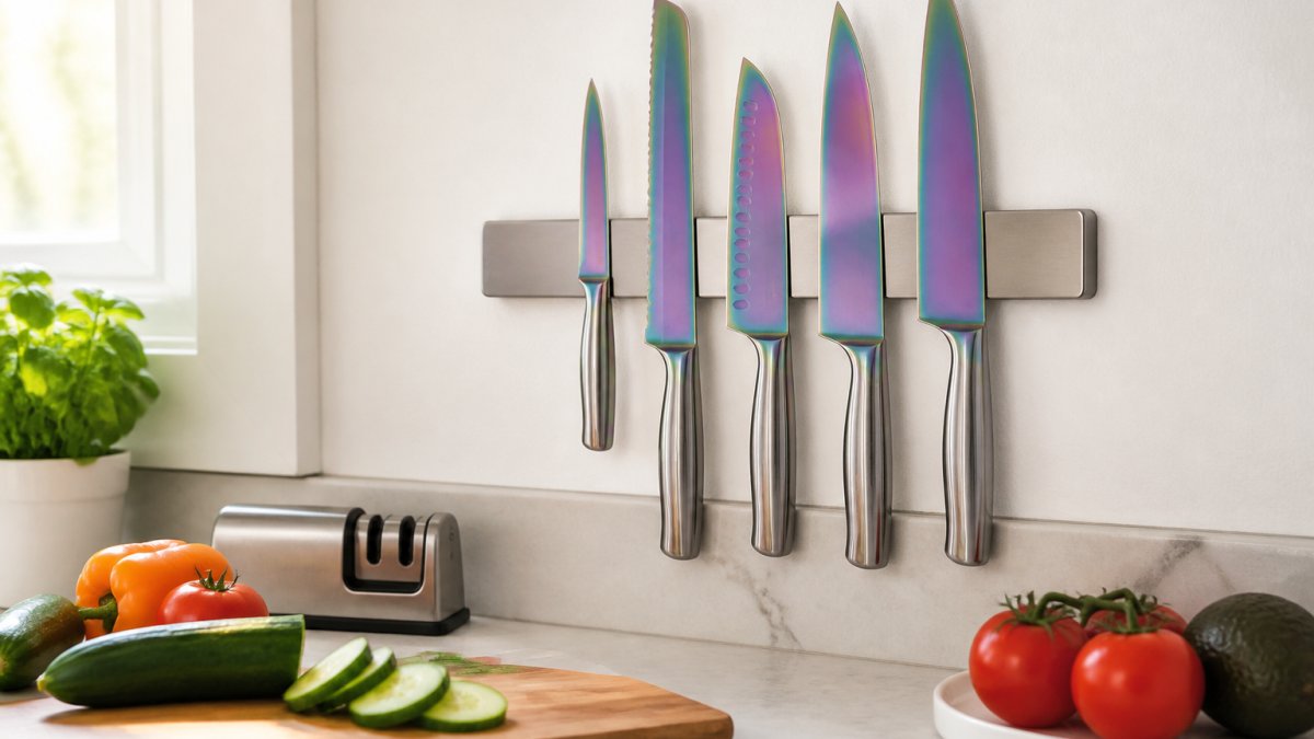 Five stainless steel knives on a magnetic wall rack above a cutting board with fresh vegetables in a kitchen