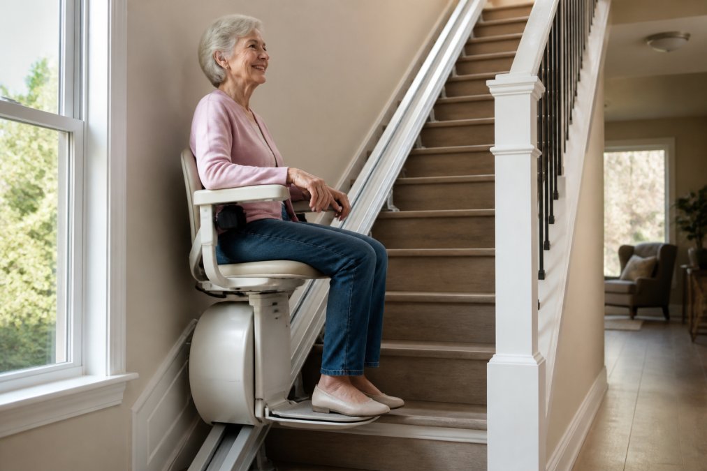 Older adult safely using a stairlift chair with armrests and safety features while ascending a residential staircase with natural light from a side window