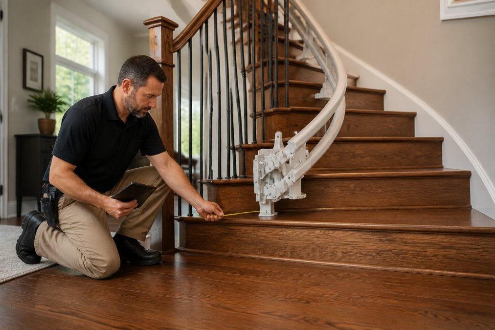 Professional installer measuring a curved staircase to fit the best stairlift for curved stairs in a home