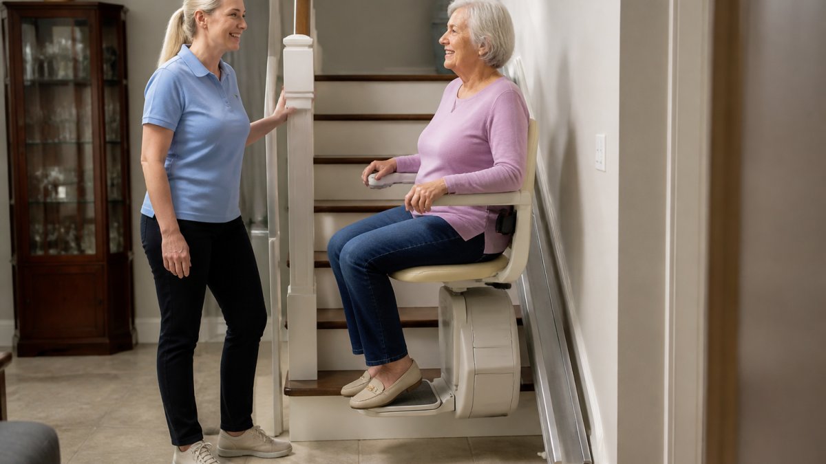 An older adult seated on a stairlift chair paused on a short split-level staircase landing, with a caregiver standing nearby in a bright home hallway