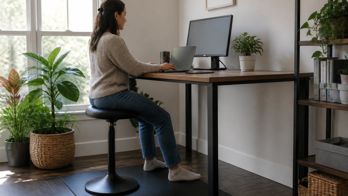Person working at a bright home office desk while sitting on an ergonomic balance stool with feet on a mat.