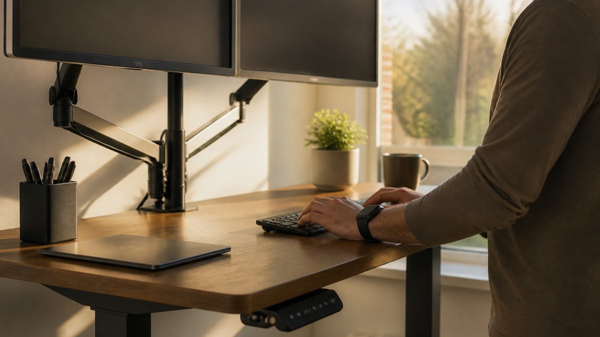 Person standing and typing at a height-adjustable desk with two monitors in a bright, tidy home office.