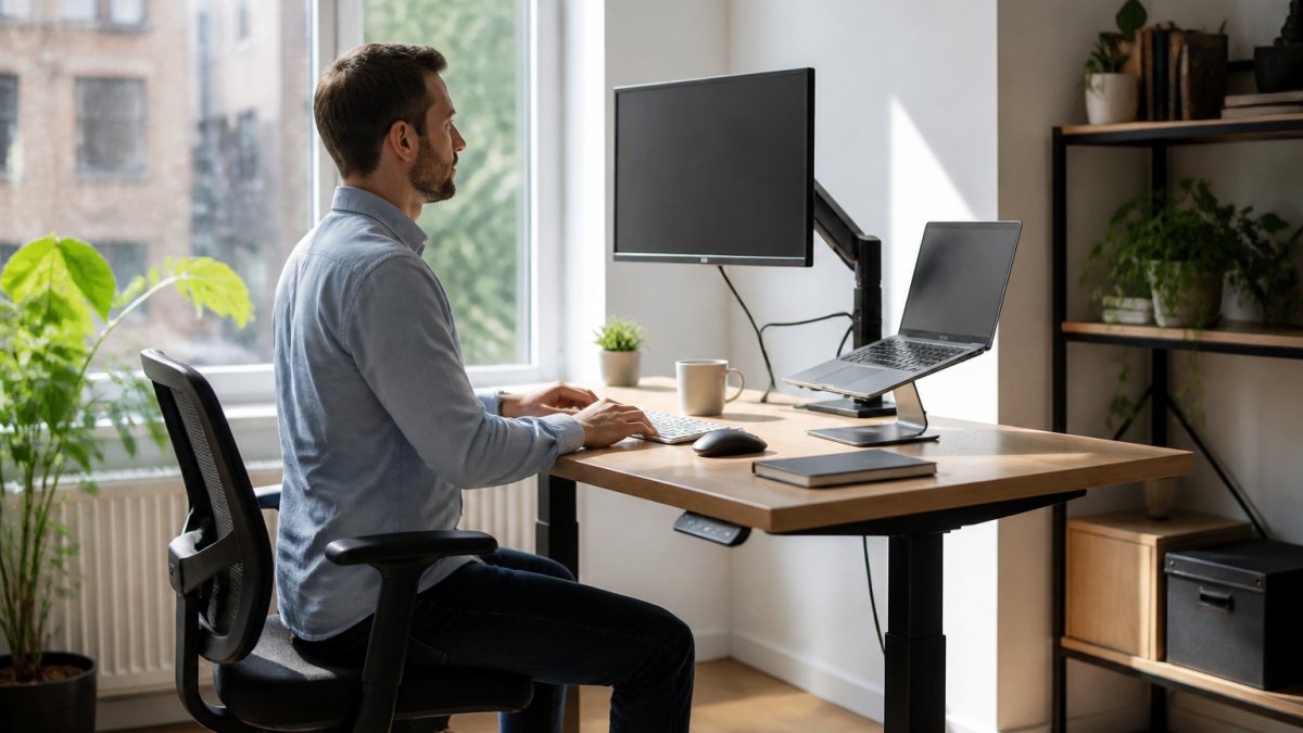 Remote worker sitting at a height-adjustable standing desk in a bright home office, with monitor at eye level and proper posture, natural daylight streaming through window