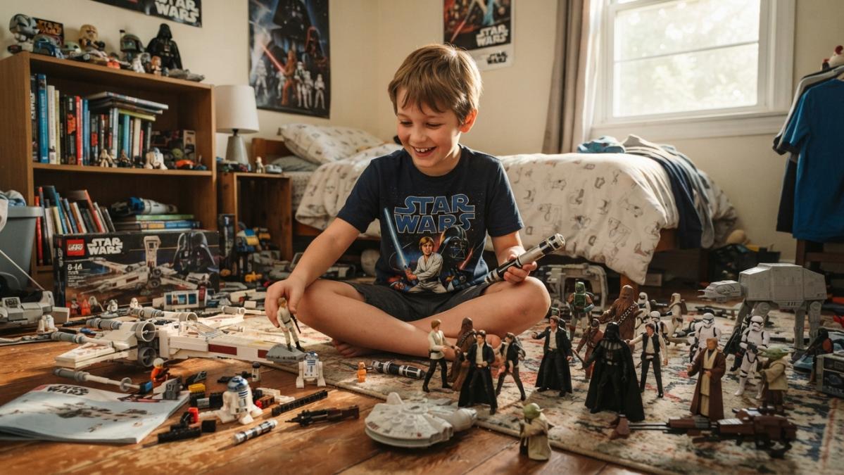 A ten-year-old boy wearing a Star Wars graphic t-shirt, sitting cross-legged on a bedroom floor surrounded by action figures and a half-built building set, warm afternoon light through the window