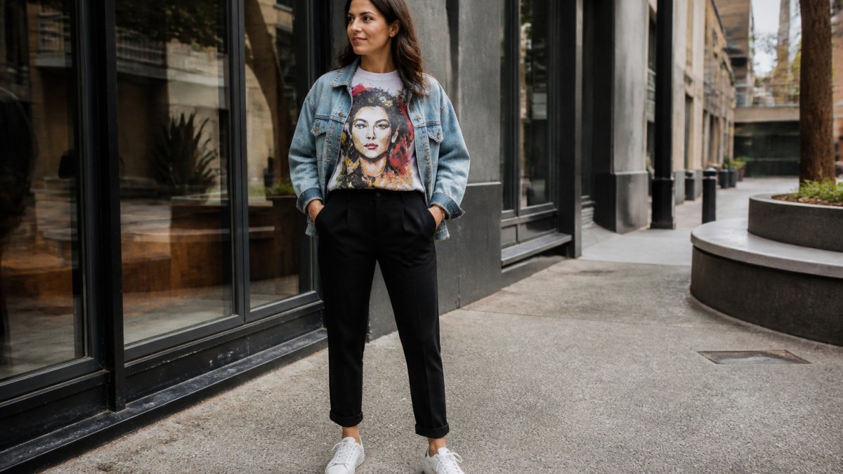 Woman in her 30s wearing a graphic art t-shirt with black trousers and a denim jacket in natural light