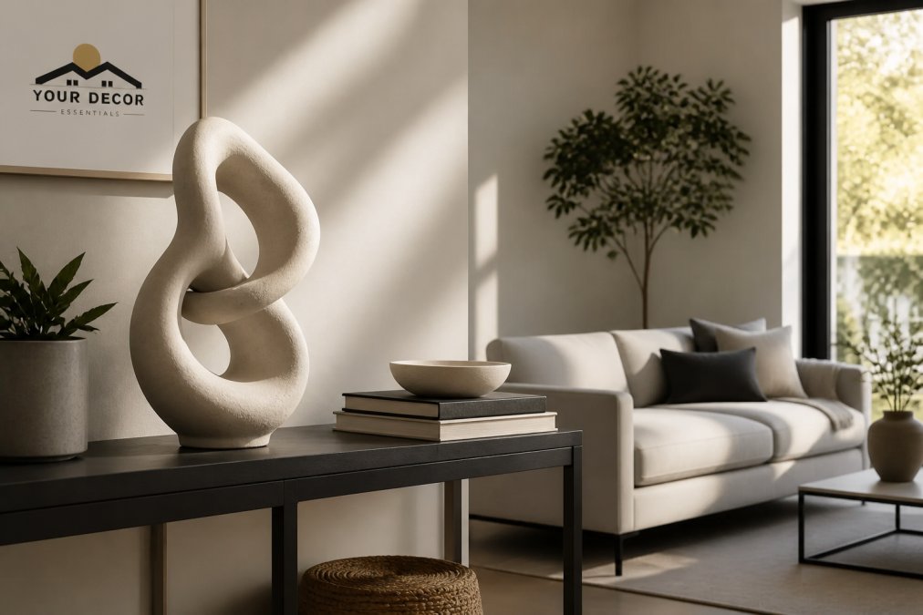 A modern living room with an abstract sculpture placed on a console table against a neutral wall, natural light highlighting the curves, minimalist sofa in the background
