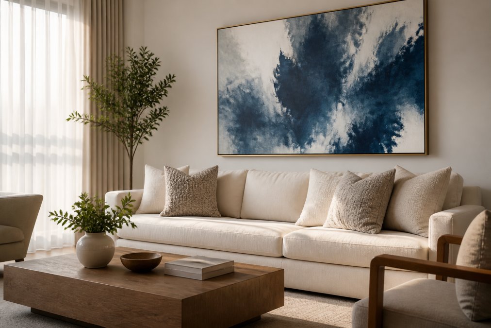 A bright, modern living room with a large cream sofa and a prominent oversized blue abstract canvas hanging above it, styled with neutral textured pillows, a wooden coffee table, and soft natural light streaming through sheer curtains