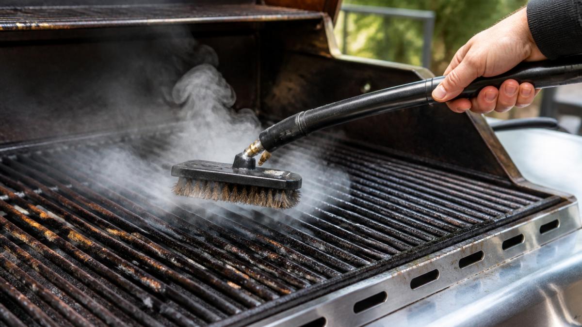 Steam rising from a brush cleaning carbonized grease off hot metal gas grill grates