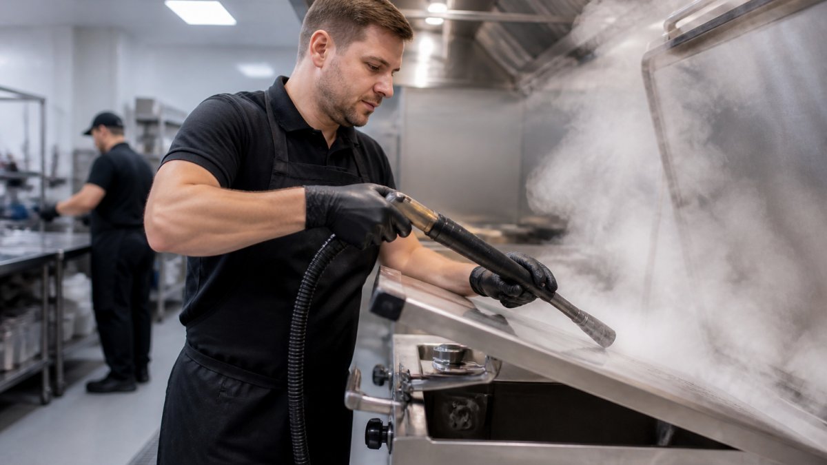 Professional cleaner using a steam wand on stainless steel equipment in a commercial kitchen