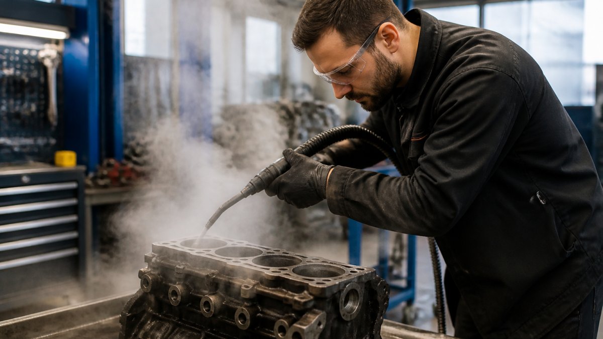 Best Steam Cleaner for Deep Cleaning: 2026 Guide 4 Professional mechanic using a steam cleaner with precision nozzle on an engine block in a well-lit automotive workshop, steam visible against the metal surfaces