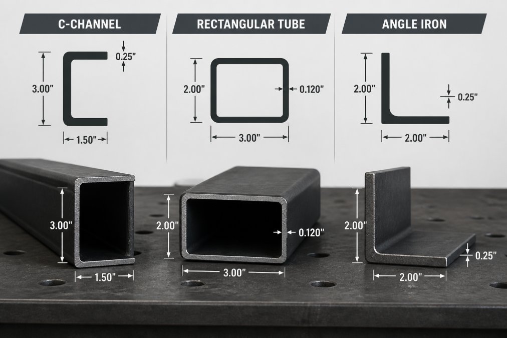 Diagram comparing C-channel, rectangular tube, and angle iron steel for DIY trailer builds on a workbench