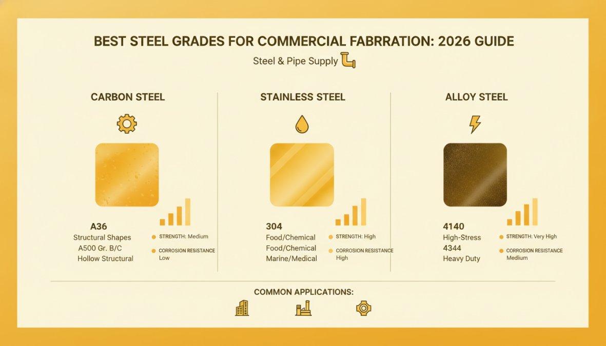 Close-up of various steel samples and fabricated metal components arranged on a work surface, showing texture and color differences between carbon steel, stainless steel, and alloy steel samples under natural lighting