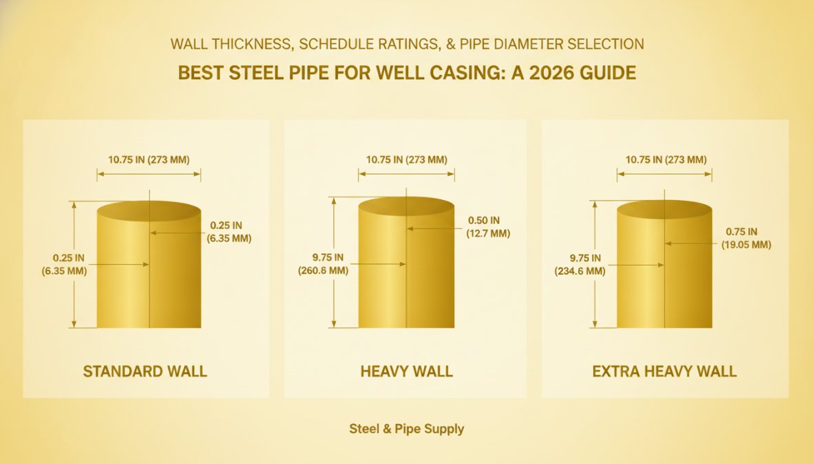 Close-up of three steel pipe cross-sections laid side by side showing varying wall thicknesses and internal diameters with measurement markings visible