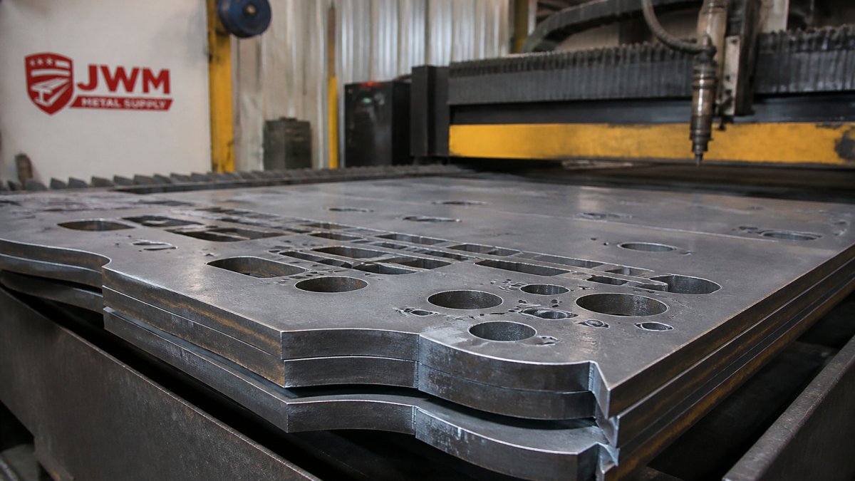 Infographic flowchart detailing the precision CNC plasma cutting process for industrial steel plates
