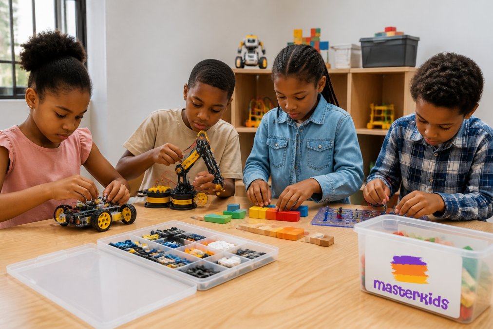 Children of different ages engaged with hands-on STEM kits at a table, building circuits, assembling robotics components, and solving puzzles together in natural daylight