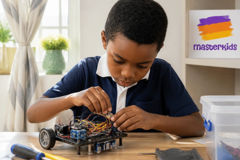 A young child concentrating on a coding or engineering project, showing focused problem-solving with a determined expression and hands working with components on a table