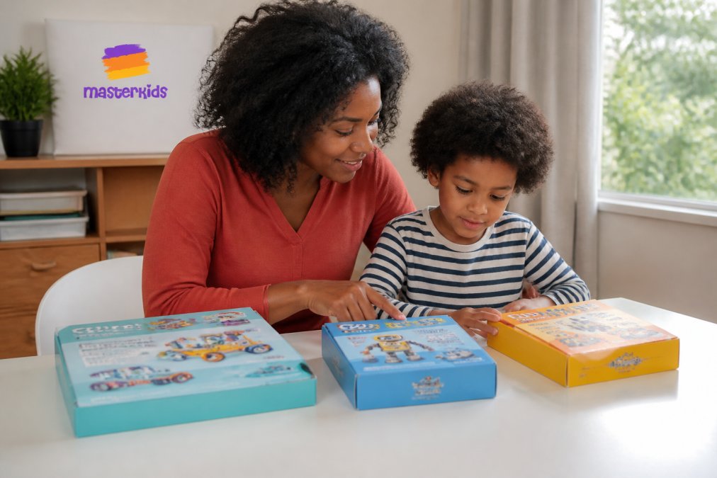 Parent and child examining educational toys together, comparing different age-appropriate STEM kits on a bright home workspace with natural afternoon light
