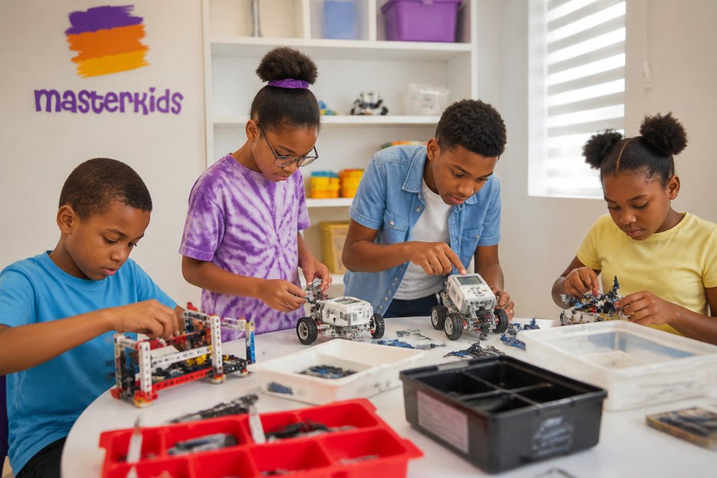Children of various ages engaged with building sets, coding robots, and hands-on engineering projects at a table with natural afternoon lighting, examining different STEM kits