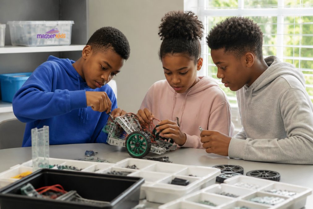 A group of older children (ages 10-14) working together on a robotics project, concentrating intently on assembling mechanical parts and checking circuit connections, with natural daylight from a nearby window illuminating their focused expressions