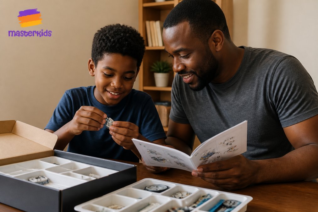 A parent and child sitting together at a table, examining a STEM kit box with genuine curiosity, reading through instructions whilst holding individual components, with warm indoor lighting creating an engaged, collaborative atmosphere