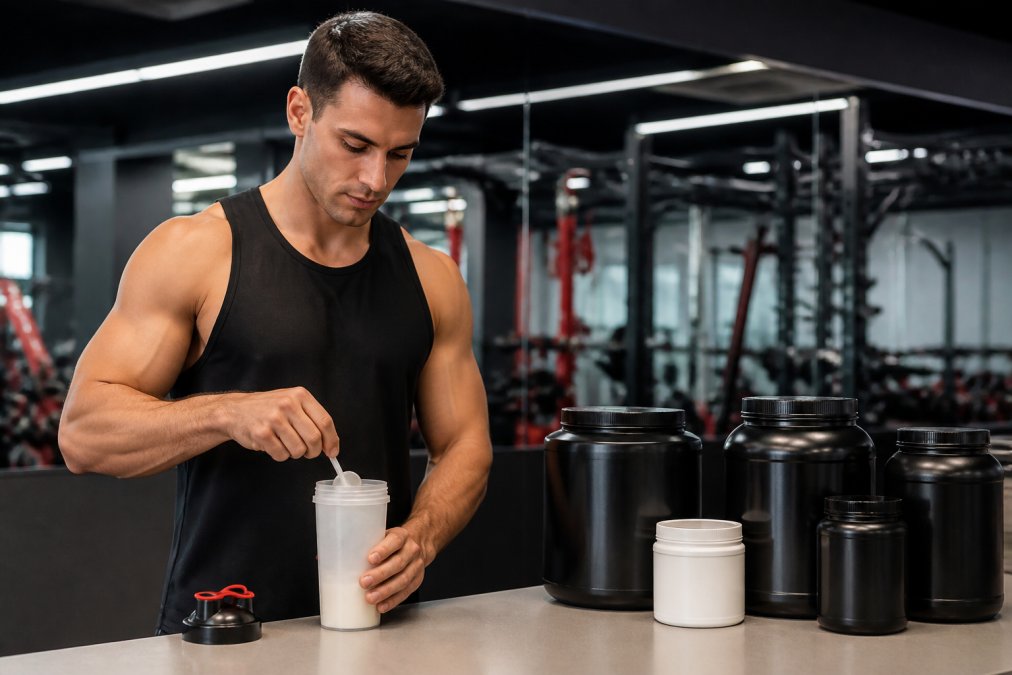 Athlete in athletic wear mixing a supplement shake at a gym counter, with several supplement containers arranged behind them, focused expression, bright overhead gym lighting