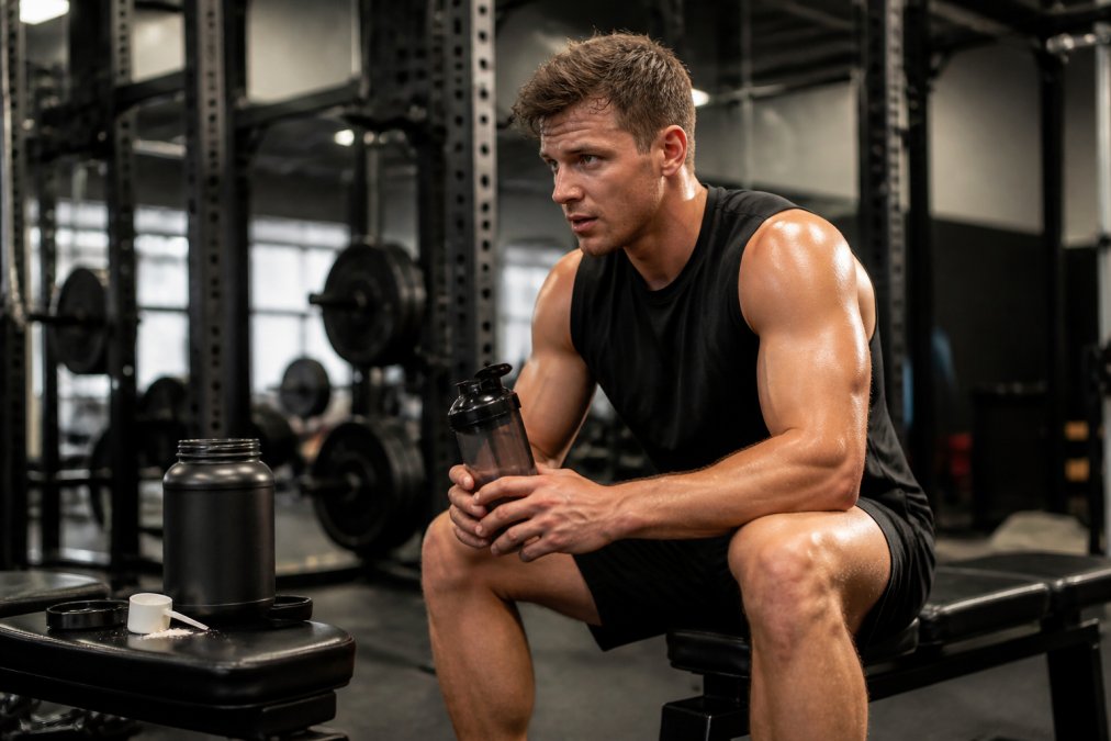 Athlete in modern gym setting mid-workout, muscles visibly pumped and focused, holding a shaker bottle with pre-workout powder visible on the weight bench nearby, natural gym lighting