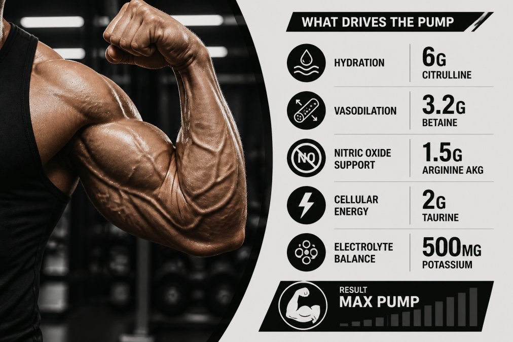 Close-up of athlete's arm flexed showing defined muscle vascularity and pump after intense workout, natural gym lighting highlighting muscle definition