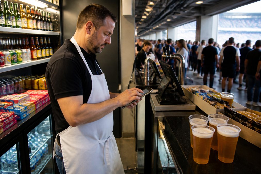 Concessions worker using a tablet to check inventory at a busy stadium food and drink counter