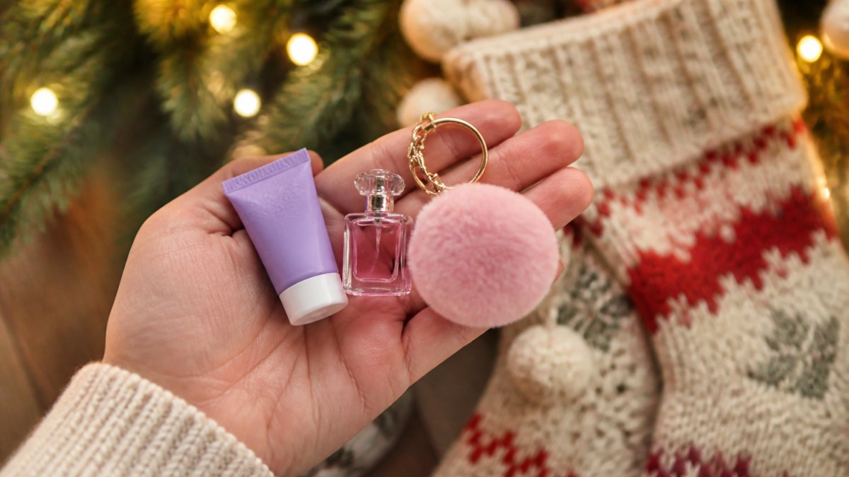 A hand holding a small colorful stocking stuffer, a mini beauty product and a tiny keychain, against a cozy holiday background with twinkling string lights and a knit stocking in soft focus