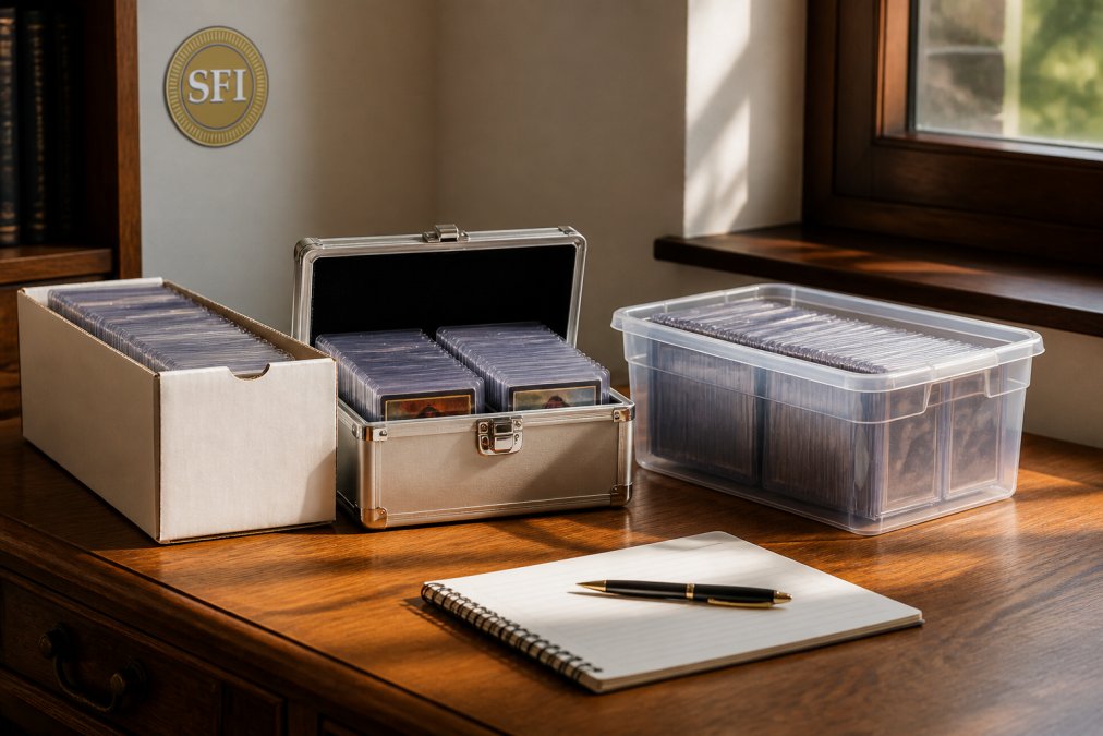 Wooden desk with cardboard, aluminum, and plastic storage boxes for graded cards arranged under warm window light